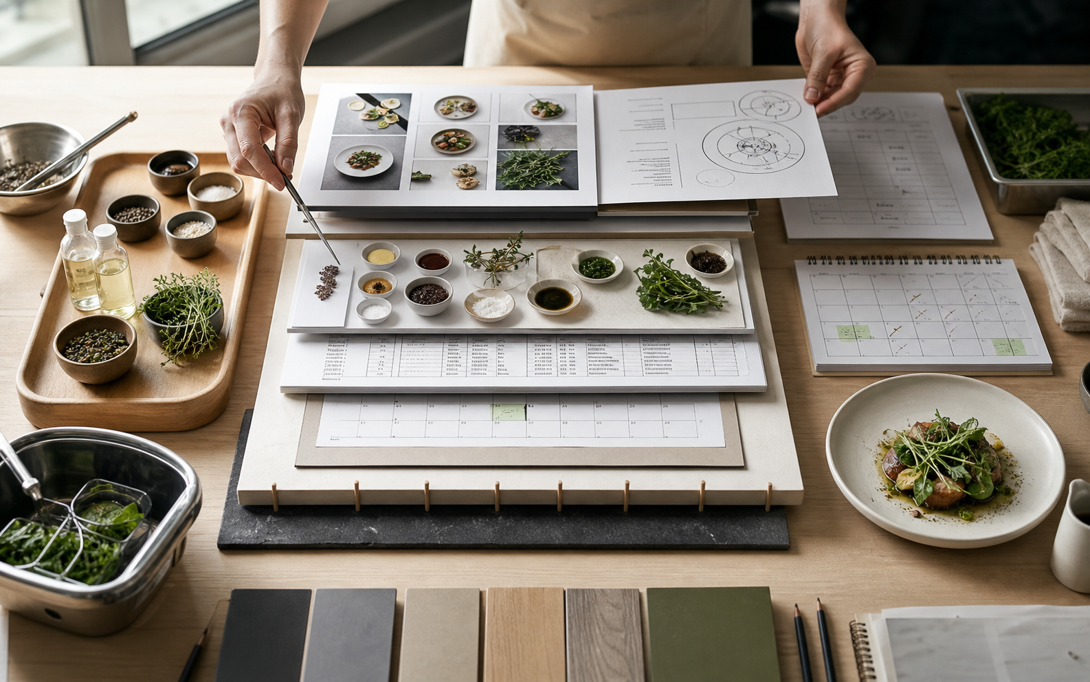 Mesa de trabajo culinaria con recetas, ingredientes, planificación y un platillo terminado.
