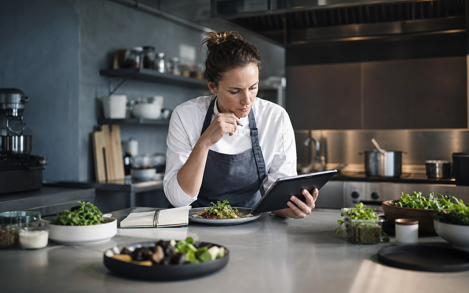 Chef analiza información en una tableta junto a un platillo y notas de trabajo.