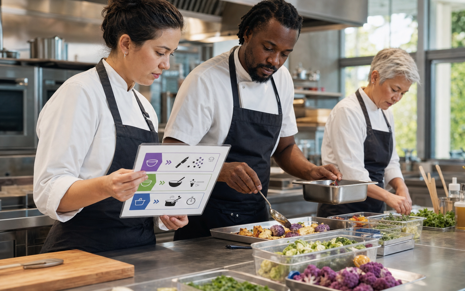 Equipo culinario diverso utiliza una guía visual de pasos durante una preparación en una cocina profesional.